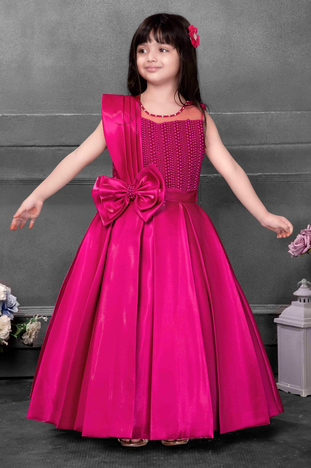 Enchanting Fuchsia Radiance Bow-Accent Satin Gown for Little Girls - Inayah Fashion