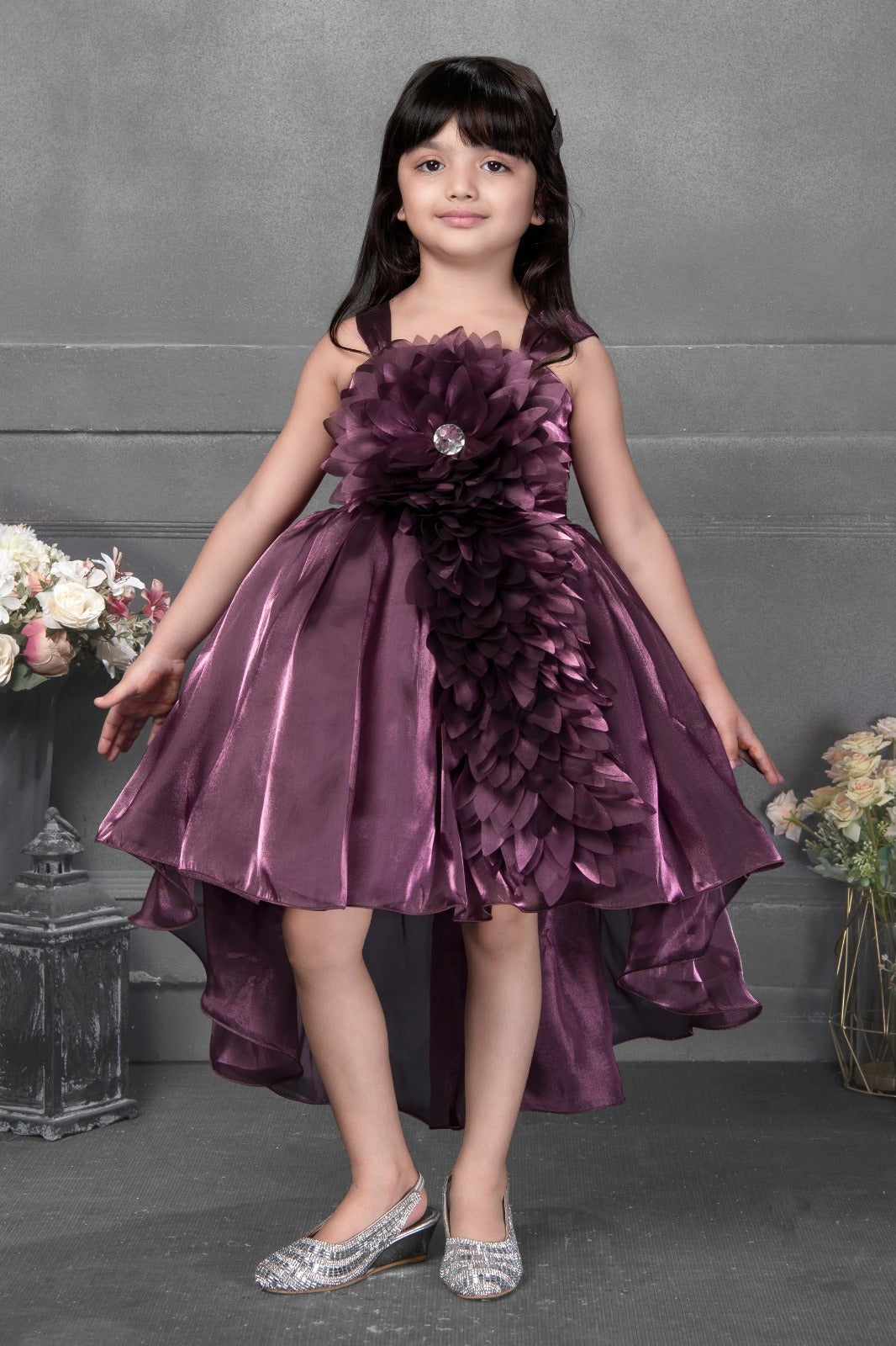 Enchanting Plum Purple Blossom High-Low Dress for Girls