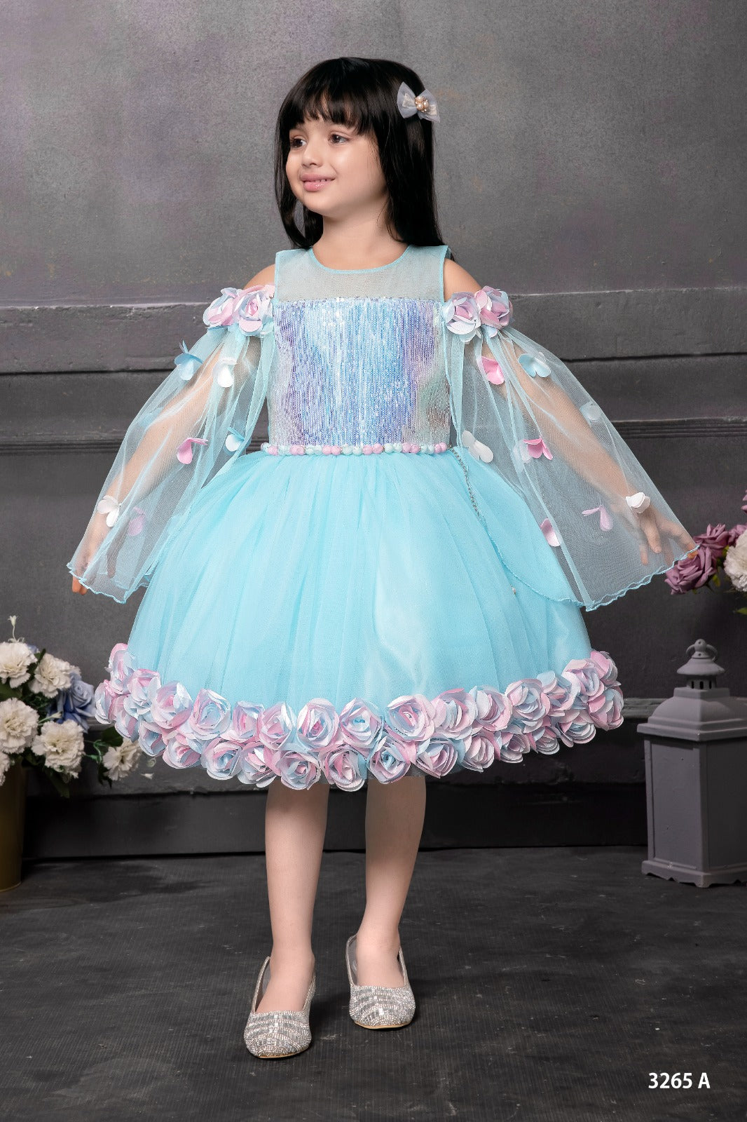 Aqua Dream Cold-Shoulder Tulle Dress with Floral Appliqué - Inayah Fashion
