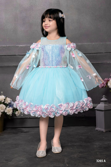 Aqua Dream Cold-Shoulder Tulle Dress with Floral Appliqué - Inayah Fashion