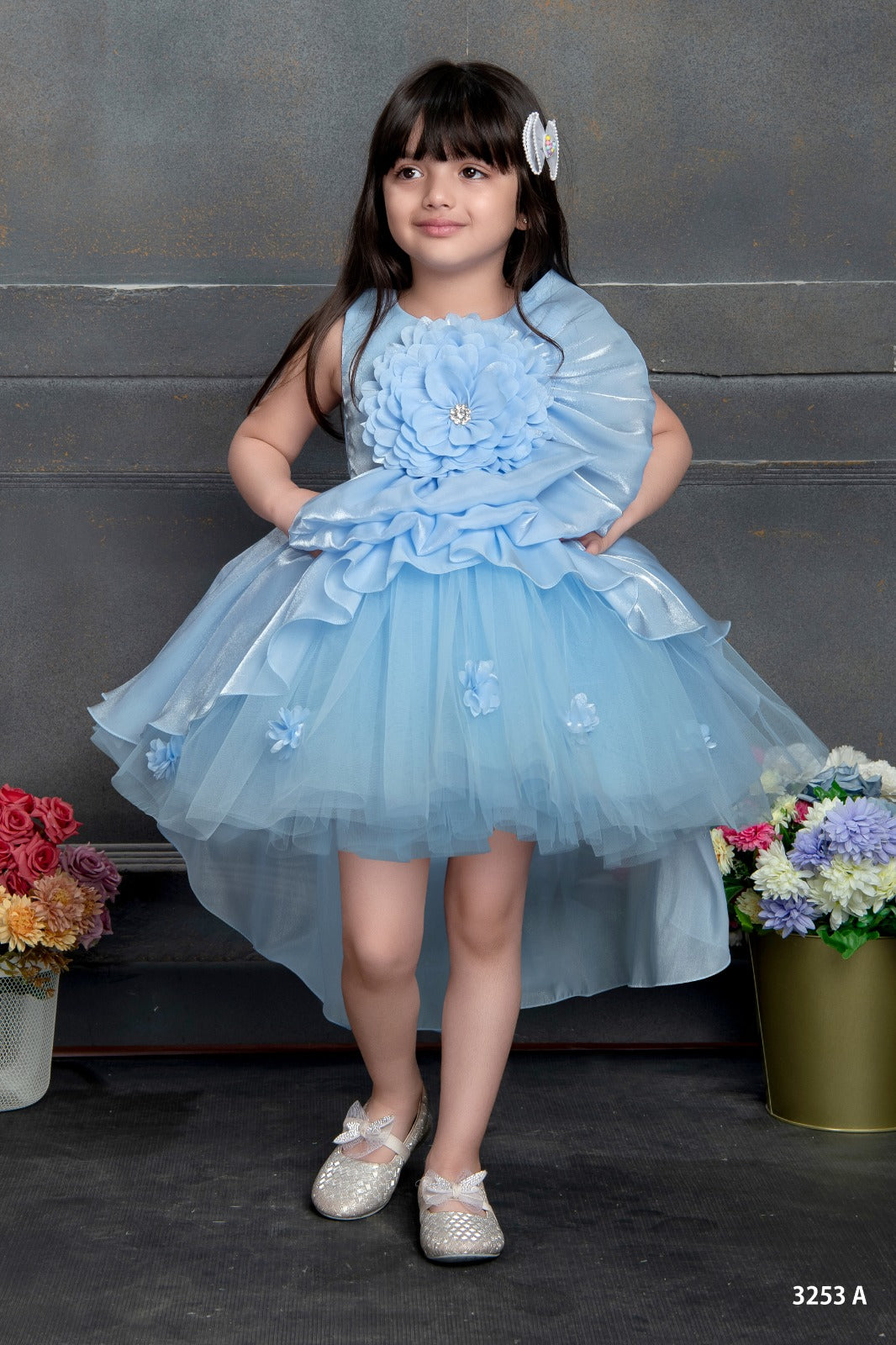 Sky Blue High-Low Gown for Girls with Flower Appliqué and Ruffles