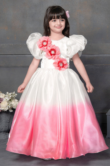 Blossom Ombre Princess Gown Elegant White & Pink Floral Dress for Girls - Inayah Fashion