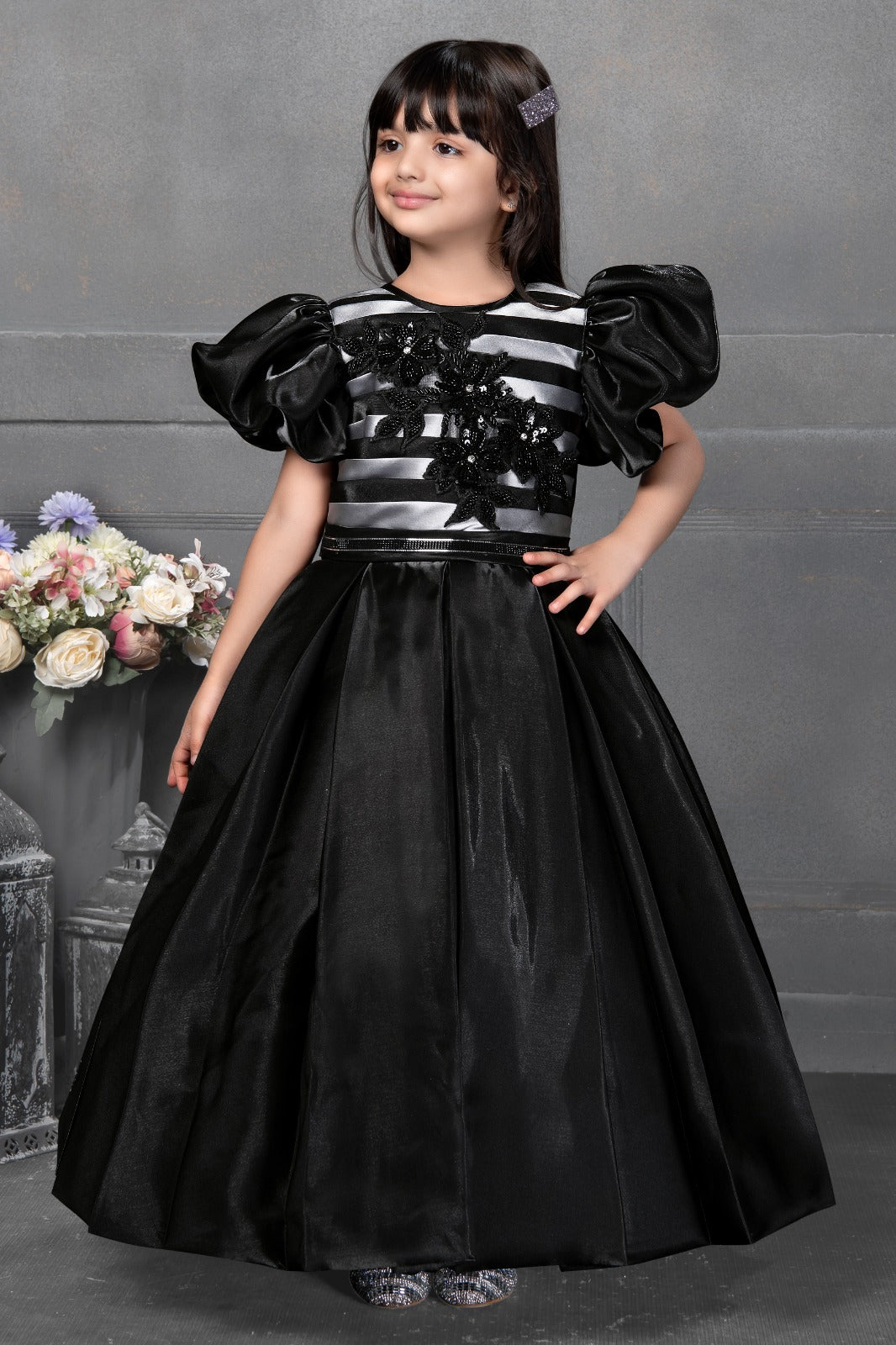 Black Satin Gown for Girls – Puff Sleeve Party Dress with Sequin Floral Applique