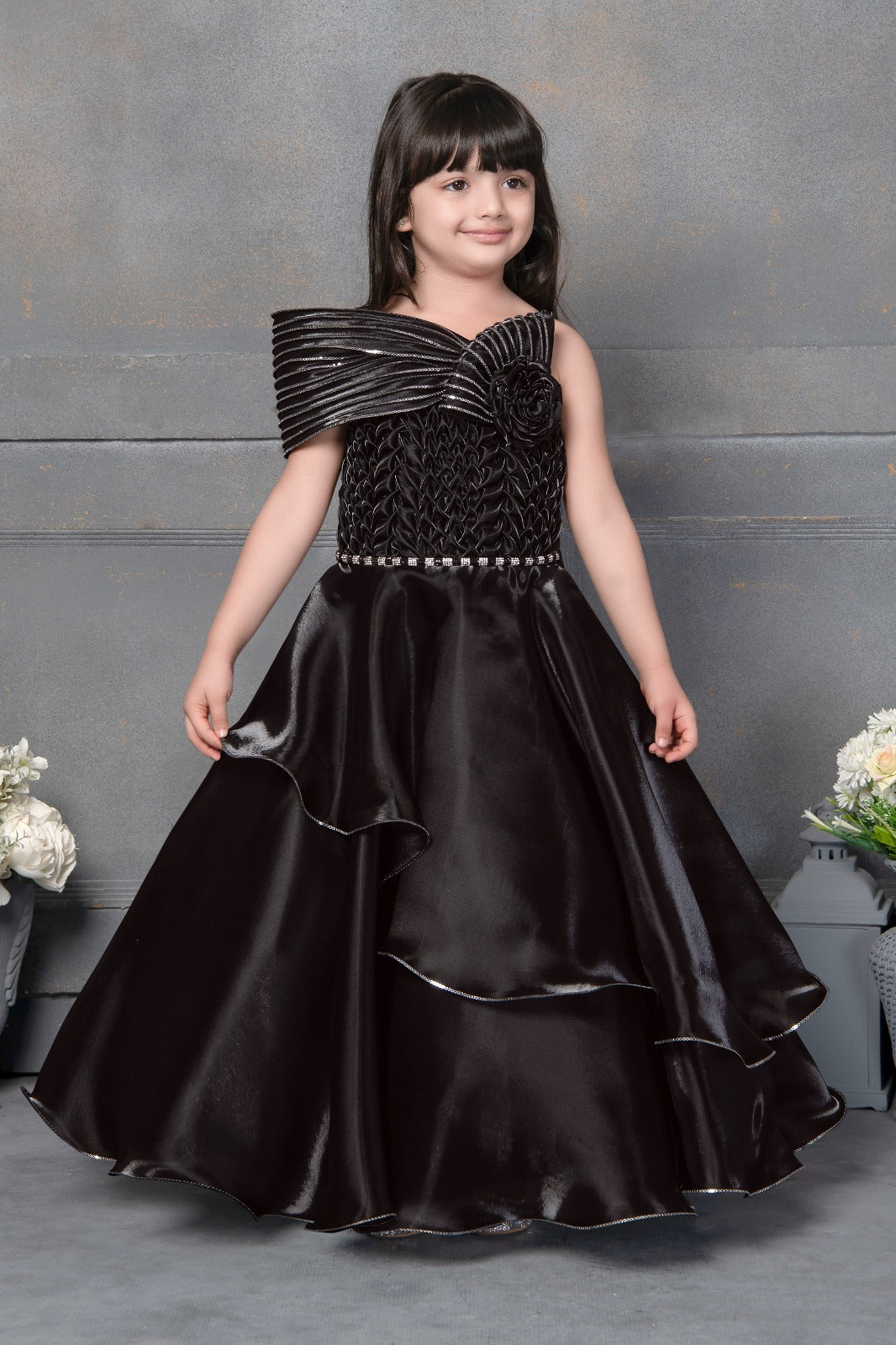 Black Satin Layered Gown with Embellished Shoulder Design for Girls - Inayah Fashion