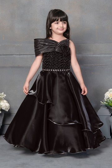 Black Satin Layered Gown with Embellished Shoulder Design for Girls - Inayah Fashion