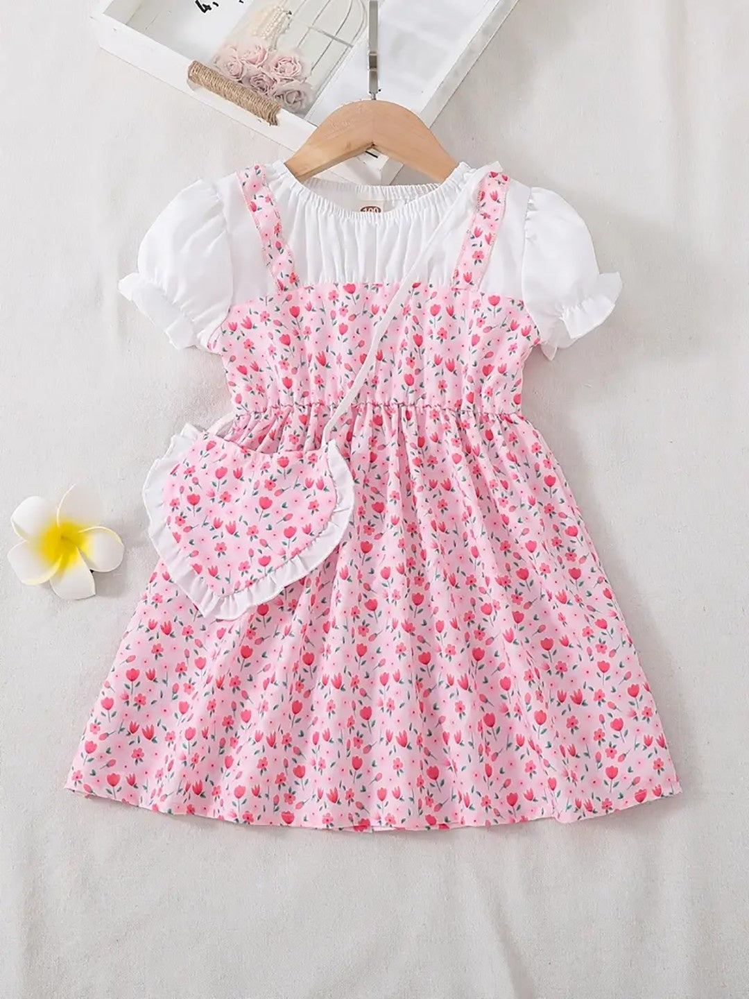 Sweet Pink Tulip Print Layered Dress for Baby Girls – Puff Sleeve White Inner Top with Strappy Frock - Inayah Fashion