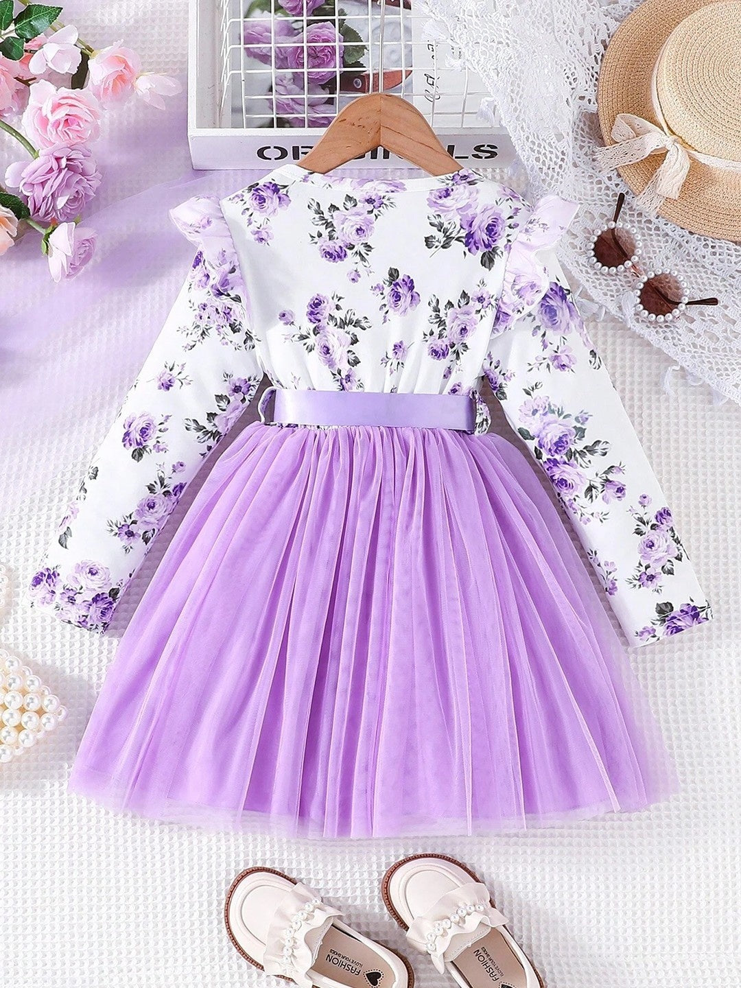 Lavender Floral Print Long-Sleeve Dress with Tulle Skirt for Girls - Inayah Fashion