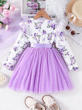 Lavender Floral Print Long-Sleeve Dress with Tulle Skirt for Girls - Inayah Fashion