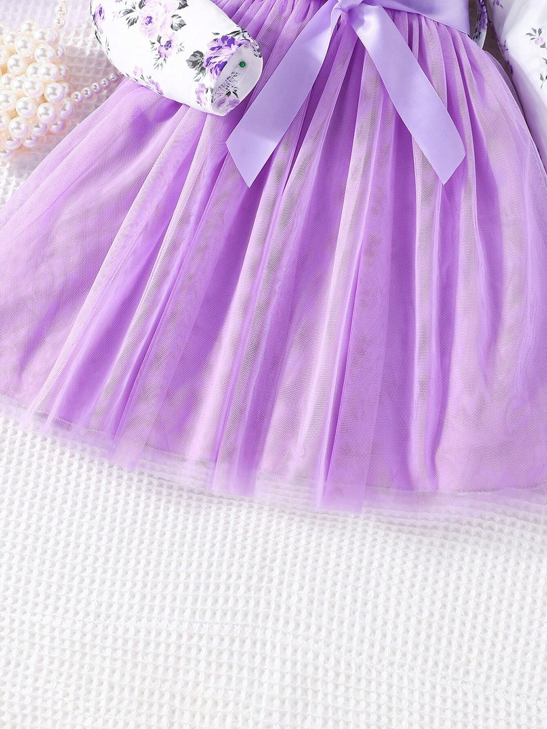 Lavender Floral Print Long-Sleeve Dress with Tulle Skirt for Girls - Inayah Fashion