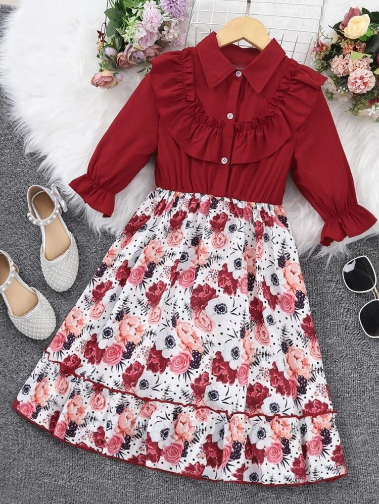 Chic Maroon & White Floral Baby Girl Dress – Full Sleeve Shirt Collar Frock with Button - Inayah Fashion