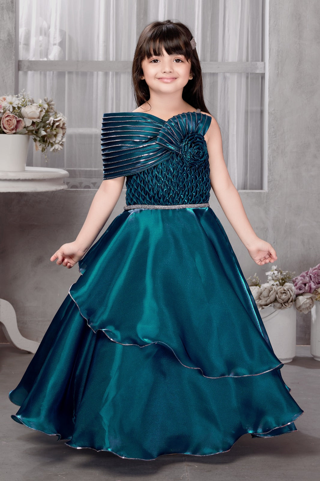 Designer Teal Blue Gown for Girls with One-Shoulder Pleated Detail