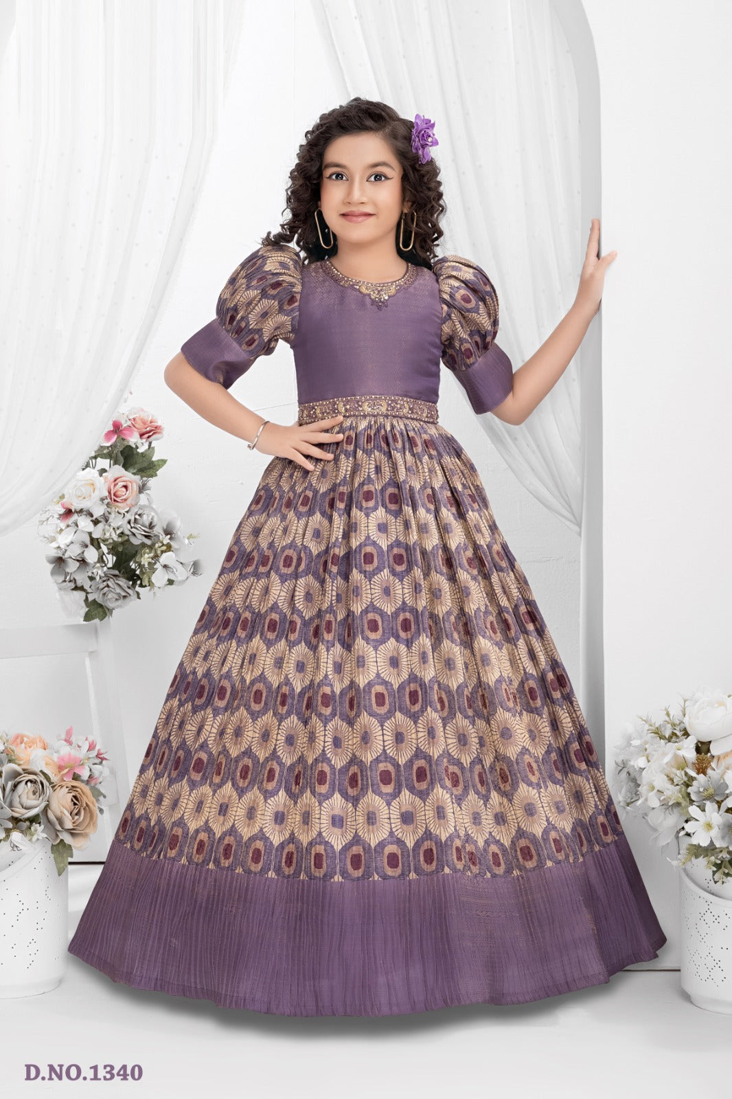 Regal Purple Brocade Gown for Girls with Puff Sleeves and Gold Zari Woven Gown - Inayah Fashion
