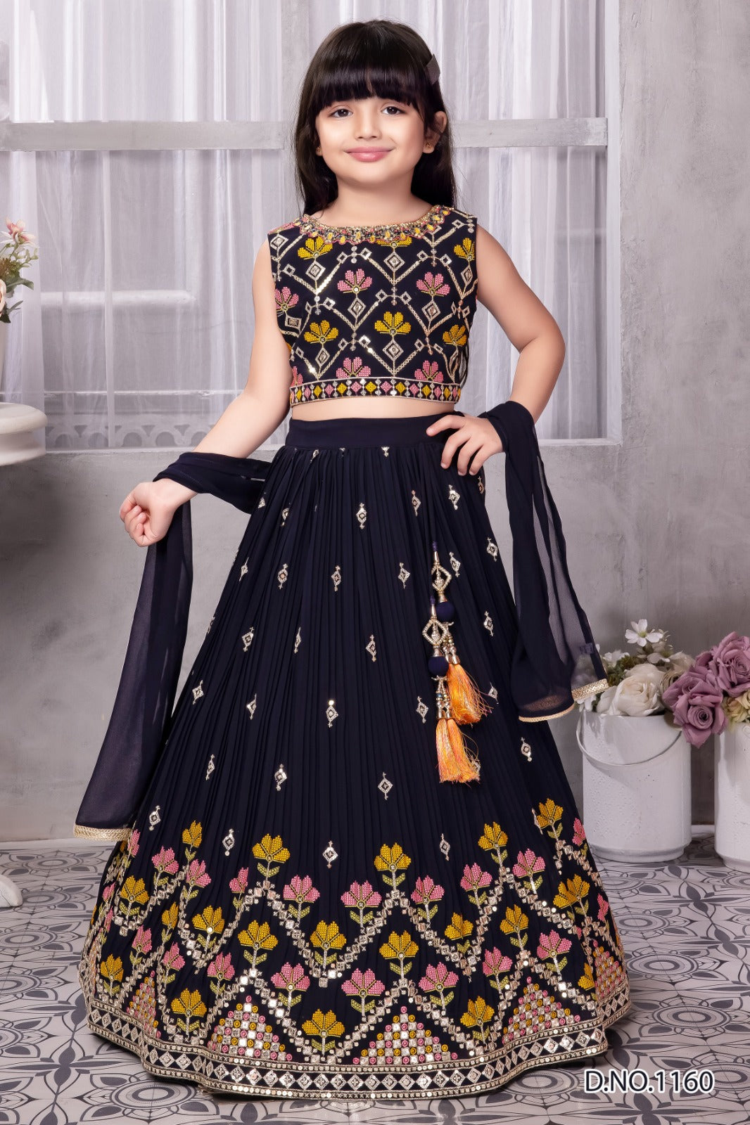Girls' Navy Blue Lehenga Choli Set with Mirror Floral Embroidery