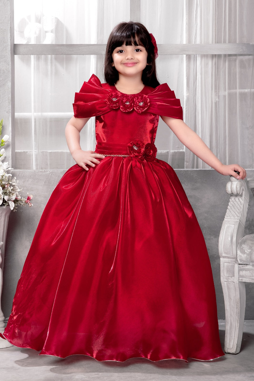 Royal Red Satin Ball Gown for Girls with Oversized Shoulder Bow, Floral Applique Gown