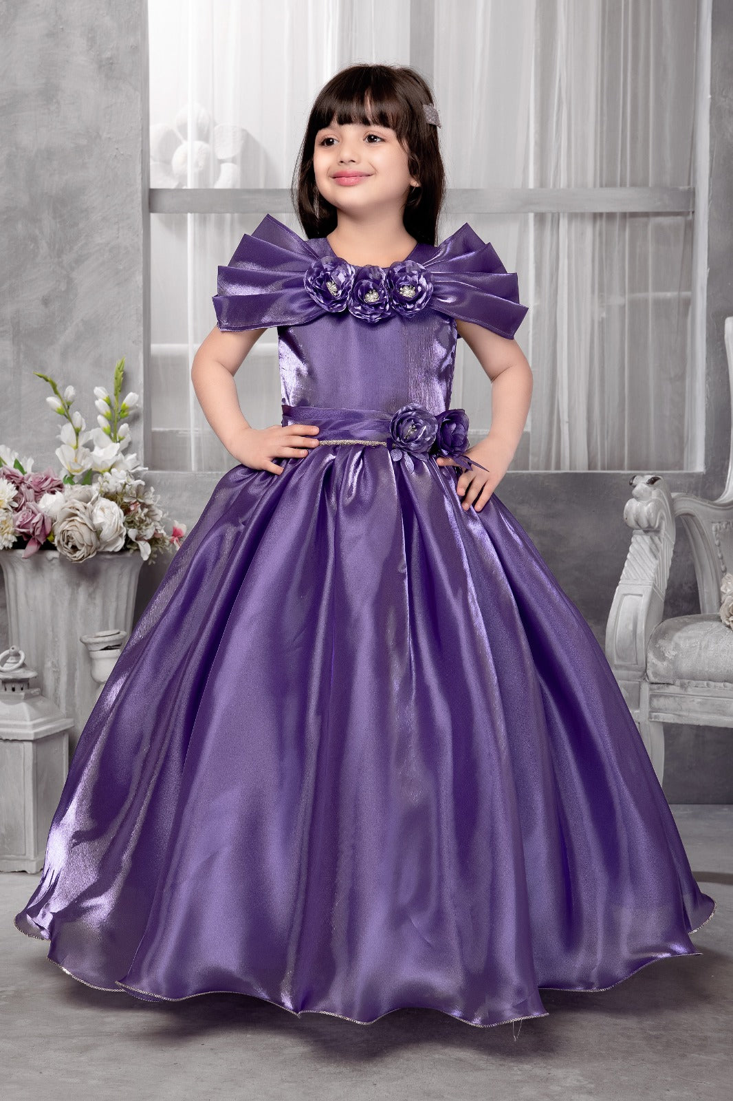 Royal Purple Satin Gown for Girls with Oversized Shoulder Bow and 3D Floral Applique Gown