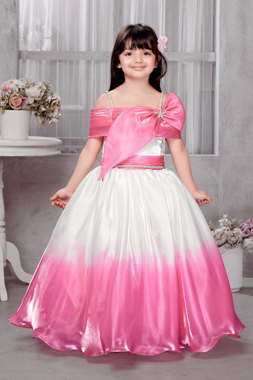 Elegant Pink White Partywear Gown for Girls – Inayah Fashion