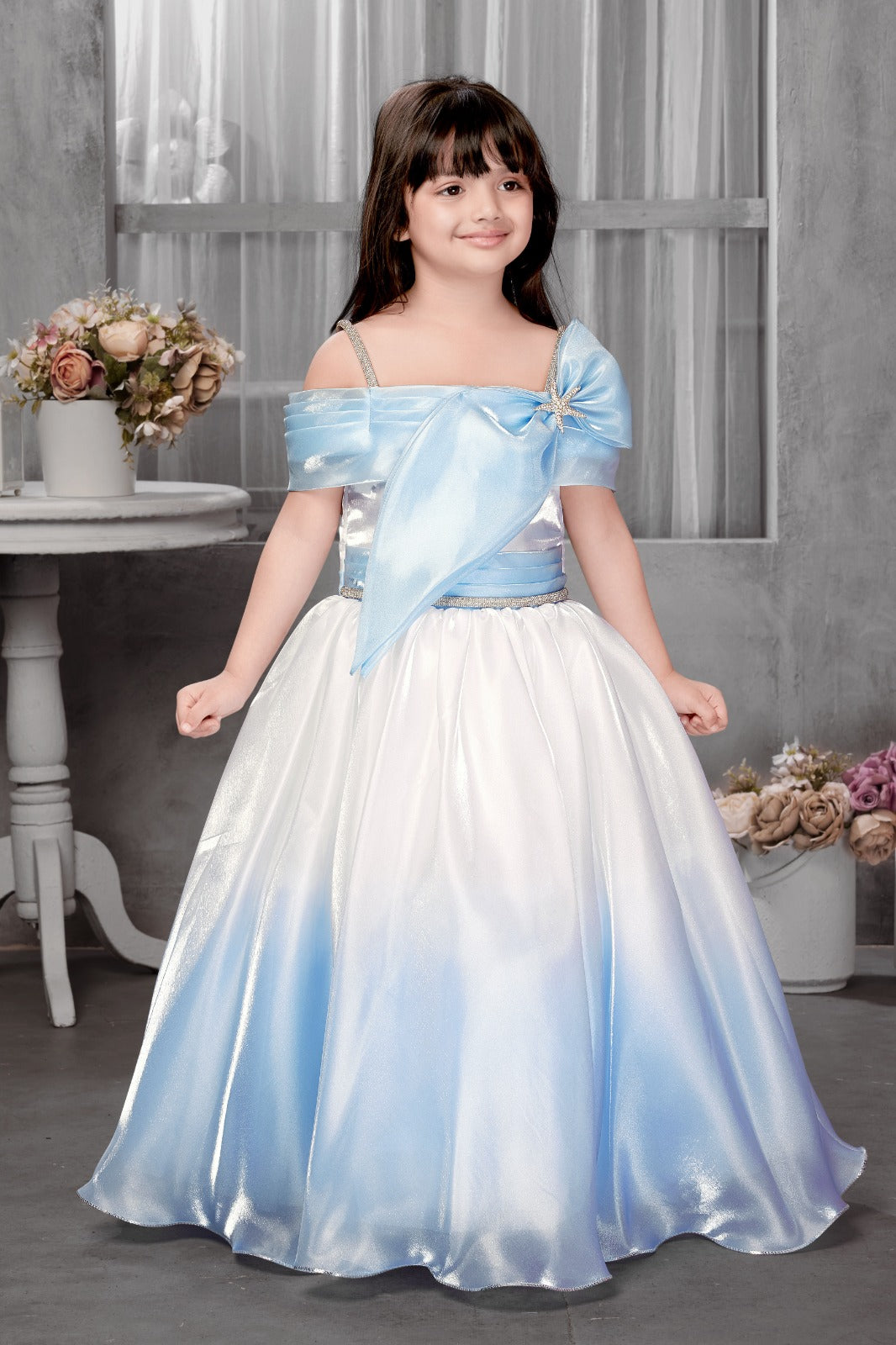 Blue White Ombré Princess Gown for Girls – Elegant Party Dress