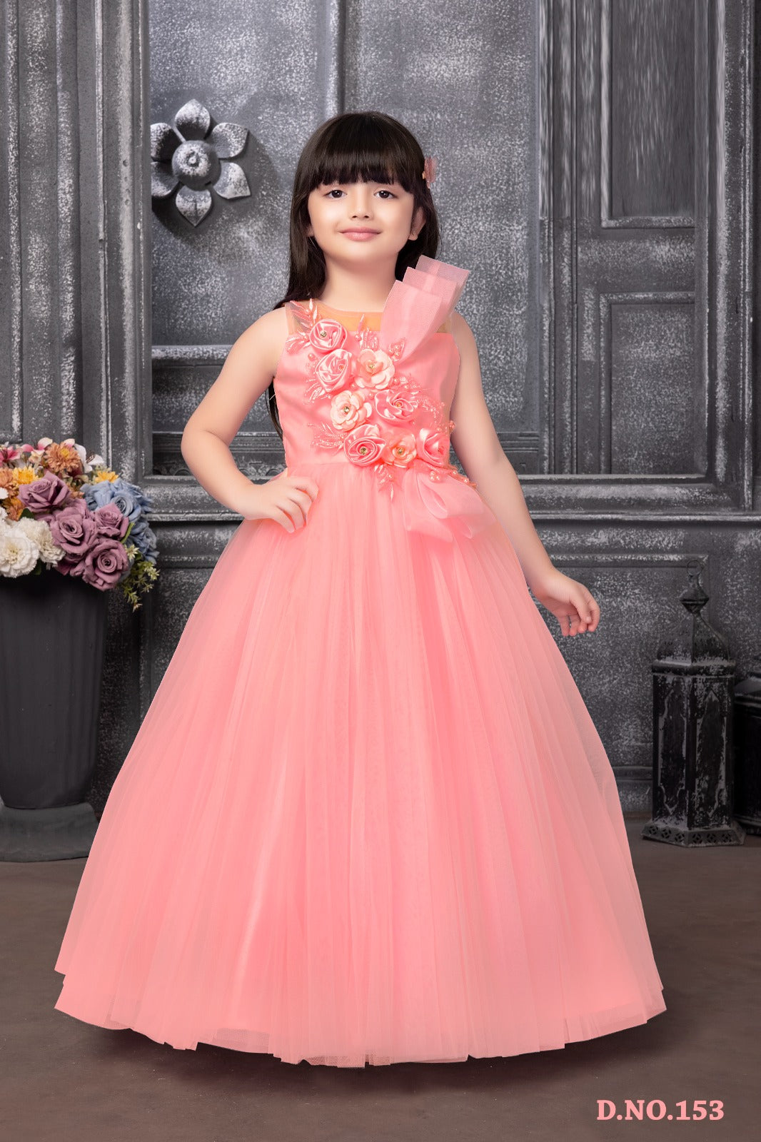 Peach Pink Floral Appliqué Net Gown for Girls with 3D Rosette Detailing Gown