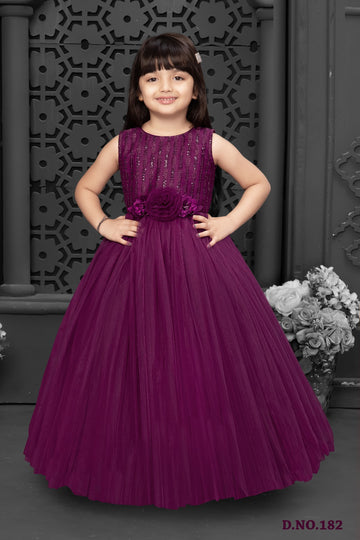 Royal Purple Designer Party Gown for Girls with Sequin-Embellished Bodice and Floral Waist Belt