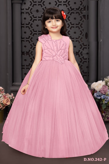 Elegant Baby Pink Designer Gown for Girls with 3D Leaf Pattern Embroidery