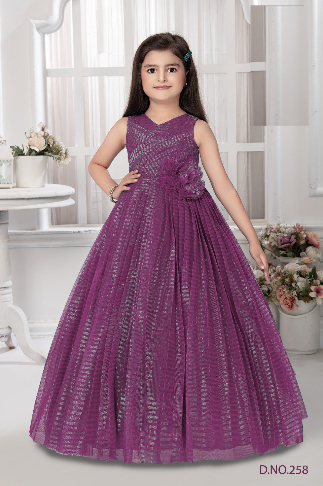 Chic Purple Glitter-Striped Sleeveless Gown for Girls with V-Neckline and Floral Waist Applique - Inayah Fashion