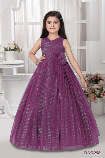Chic Purple Glitter-Striped Sleeveless Gown for Girls with V-Neckline and Floral Waist Applique