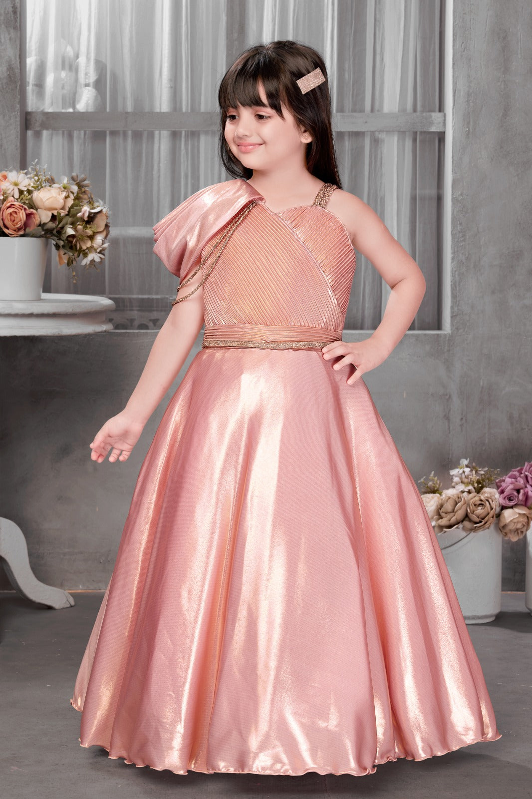 Shimmering Rose Gold One-Shoulder Designer Gown for Girls with Pleated Bodice