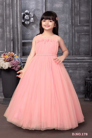 Elegant Peach Floor-Length Gown for Girls with Floral Appliqué and Pearl Detailing
