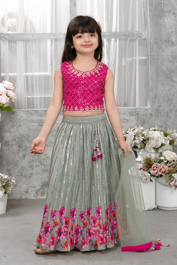 Elegant Pink & Grey Floral Embroidered Kids Lehenga Set - Inayah Fashion