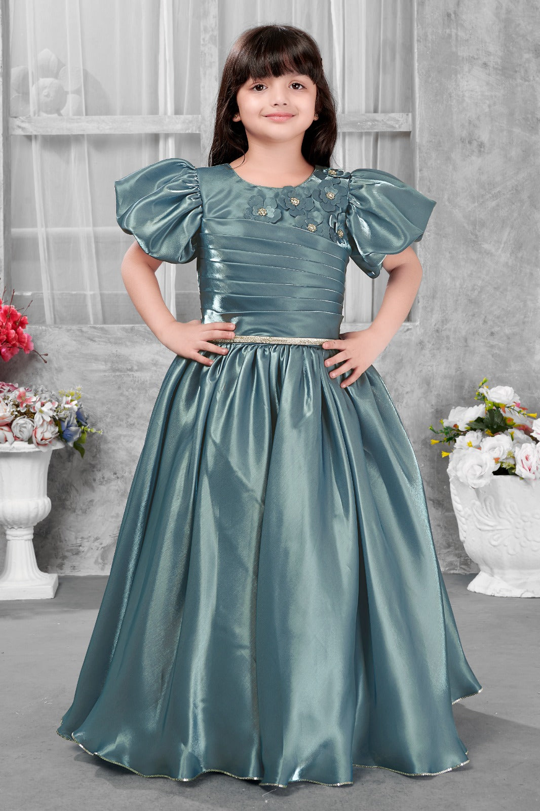 Teal Blue Puff Sleeve Satin Gown for Girls with Floral Appliqué