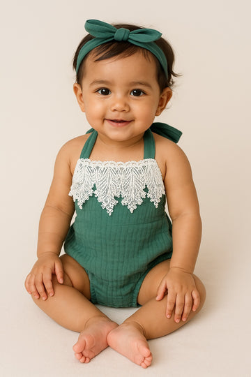Beautiful Green Floral Applique Lace Baba Suit