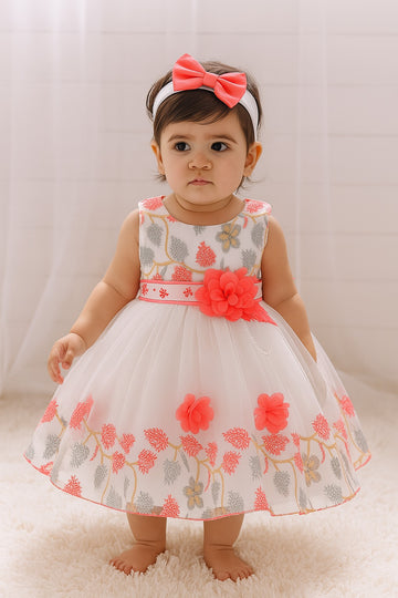Elegant Floral Embroidery Party Dress – White & Coral