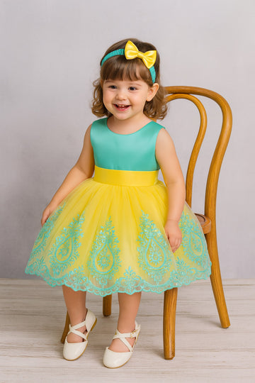 Sunshine Yellow & Aqua Green Embroidered Baby Frock with Matching Bow Headband