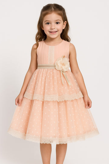 Elegant Peach Sleeveless Party Dress for Girls | Polka Dot Net Layered Frock with Lace & Floral Waist Belt
