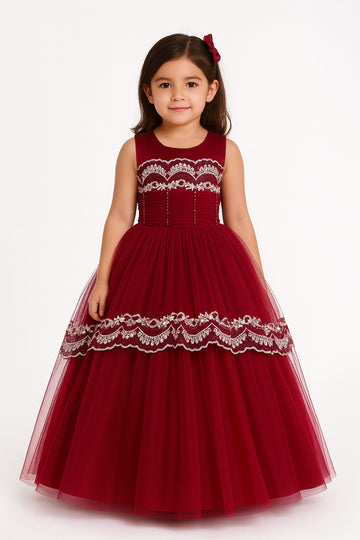 Maroon Sleeveless Embroidered Ball Gown for Girls with Lace
