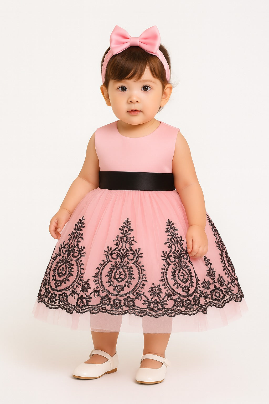 Elegant Pink & Black Lace Tulle Birthday Party Dress - Inayah Fashion