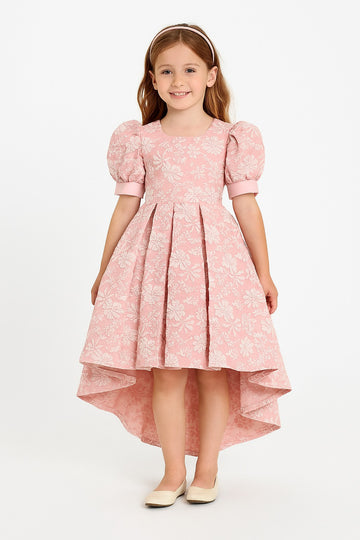 Elegant Pink Floral High-Low Party Dress for Girls – Puff Sleeve Designer Gown