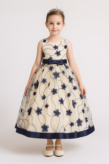 Elegant Cream and Navy Blue Floral Embroidered Gown for Girls with Satin Bow Waist and Net Overlay