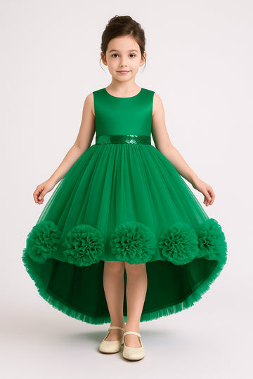 Emerald Green High-Low Party Dress for Girls – Sequin Belt & Pom-Pom Tulle Skirt