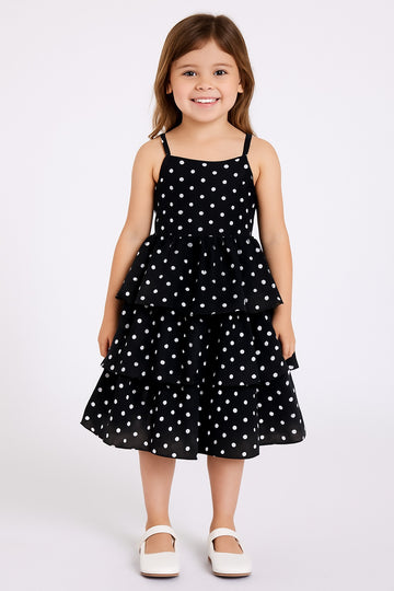 Black Polka Dot Layered Sleeveless Dress for Girls – Summer Casual Frock