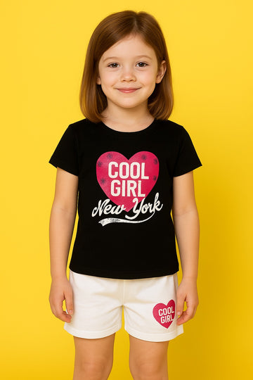 Cool Girl New York Printed Co-ord Set – Black T-Shirt & White Shorts