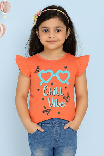 Coral Orange Girls T-Shirt – Chill Vibes with Heart Glasses & Butterflies