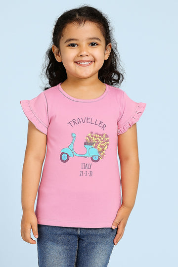 Pink Girls T-Shirt – Traveller Blue Scooter with Floral Heart