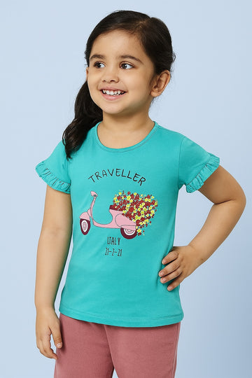 Aqua Blue Girls T-Shirt – Traveller Pink Scooter & Floral Heart Print