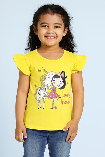 Yellow Girls T-Shirt – Lovely Friend Girl & Unicorn Print