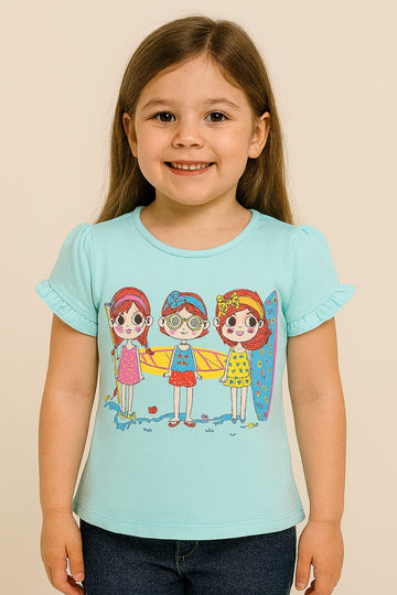 Aqua Blue Ruffle Sleeve Girls T-Shirt – Beach Girl Print