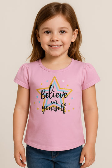 Pink Motivational Girls T-Shirt – Believe in Yourself Star Print