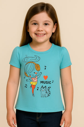 Aqua Blue Girls T-Shirt – Love Music Girl & Cat Print