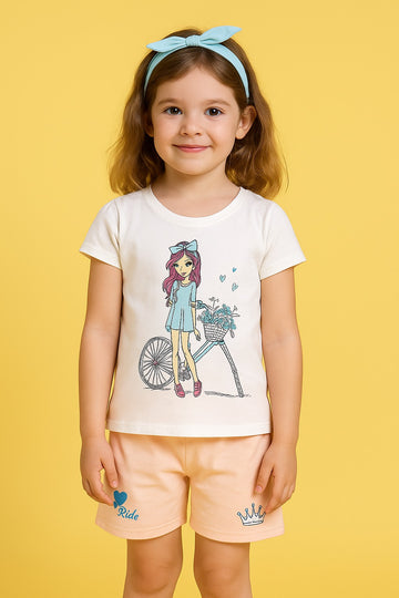 Cute Girl & Bicycle Co-ord Set – White T-Shirt with Peach Shorts