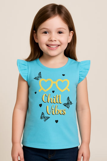 Sky Blue Girls' T-Shirt with "Chill Vibes" Print – Summer Casual Wear